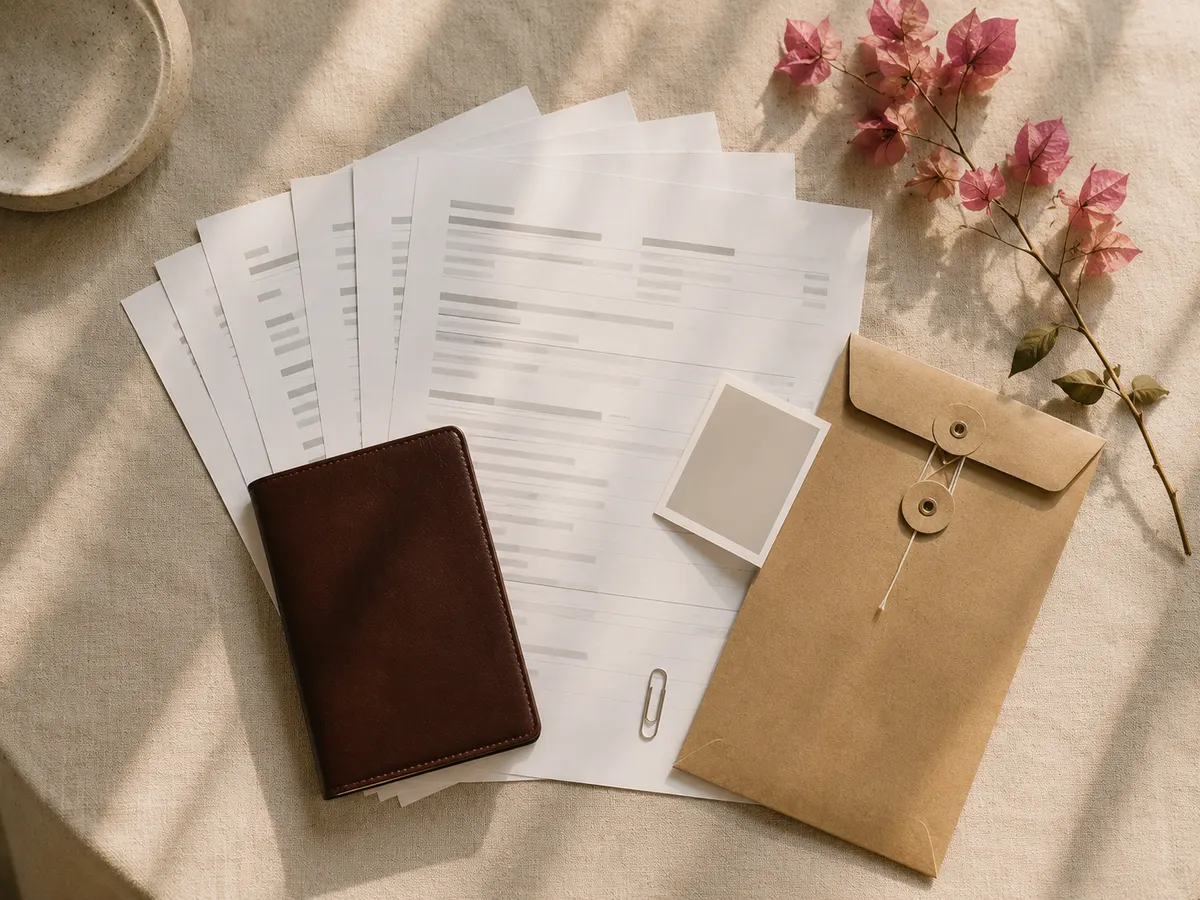 Passport and printed bank statements laid out for a visa application